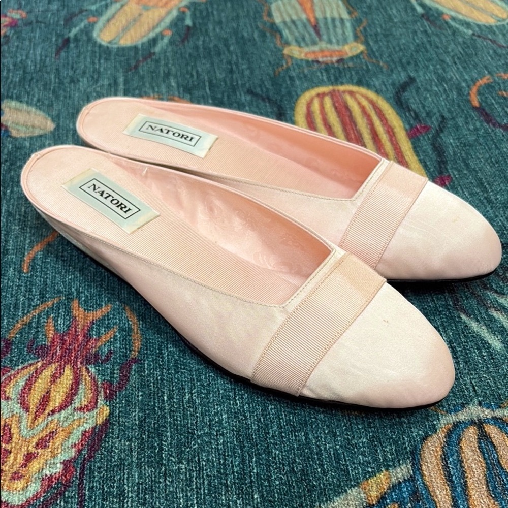 Vintage Natori Delicate Pink Satin Moire Wedge Slippers 9 9.5